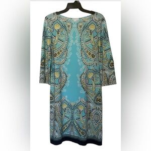 London Times Turquoise Paisley 3/4 Sleeve Shift Boho Dress sz6